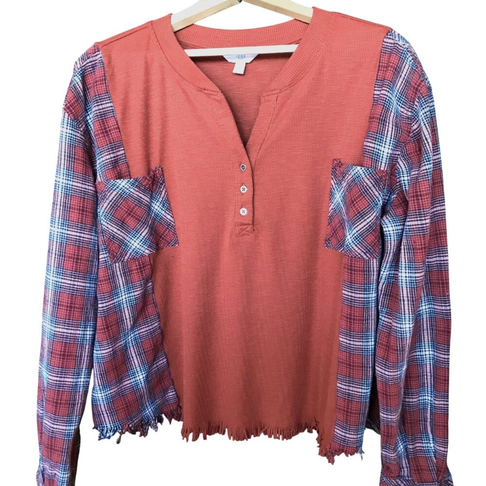Reworked Flannel Shirt, M-L: Upcycled Oversized Rust Waffle Knit Top Fringy Hem